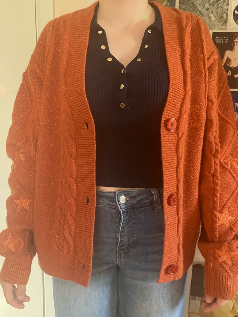 Taylor Swift TLOASG Burnt Orange Cable Knit Cardigan with Star Detail